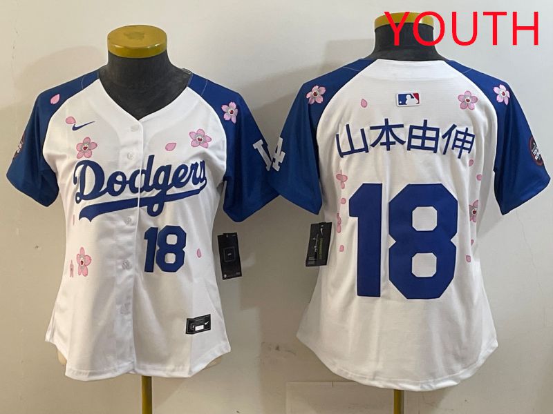 Youth Los Angeles Dodgers #18 Yamamoto White Blue Sakura Edition 2025 Nike MLB Jersey style 16